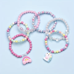 6pcs Unicorn Rainbow Pendant Beaded Bangle Bracelet Set Kids Accessories