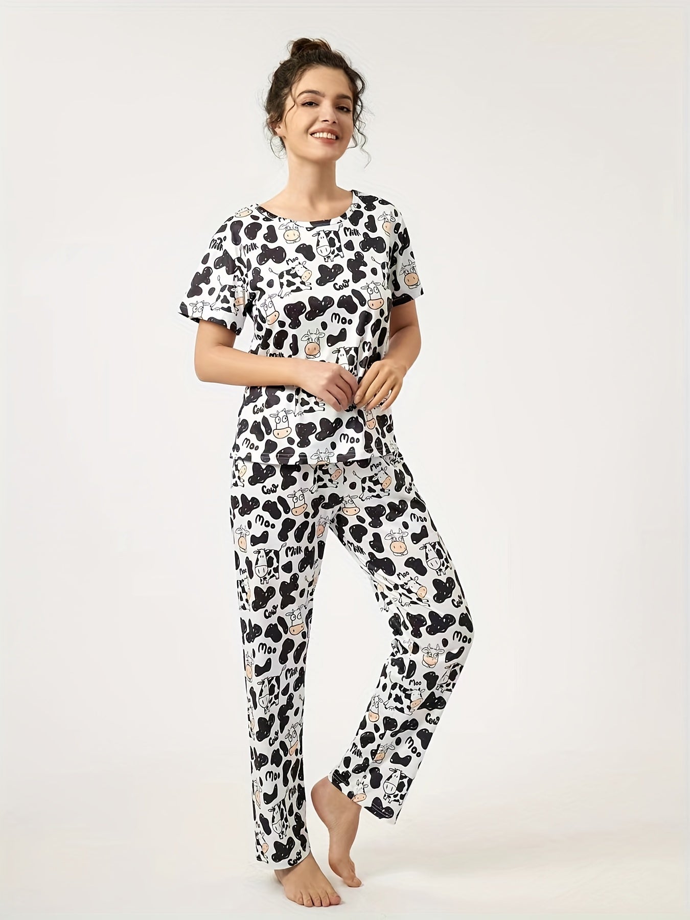 Women's Cow Print Pajamas Set Top & Pants Short Sleeve Loose Long
