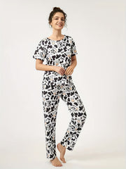Women's Cow Print Pajamas Set Top & Pants Short Sleeve Loose Long