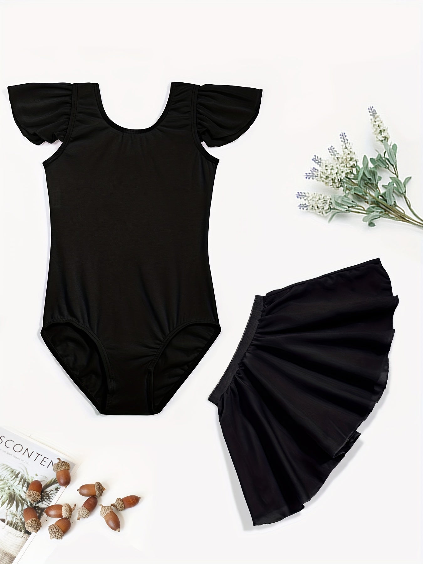 Girls Dance Dress Gymnastics Suit Crew Neck Fly Sleeve Bodysuit