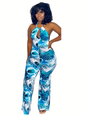 Casual Jumpsuit Women's Plus Random Print Cut Out Halter Neck
