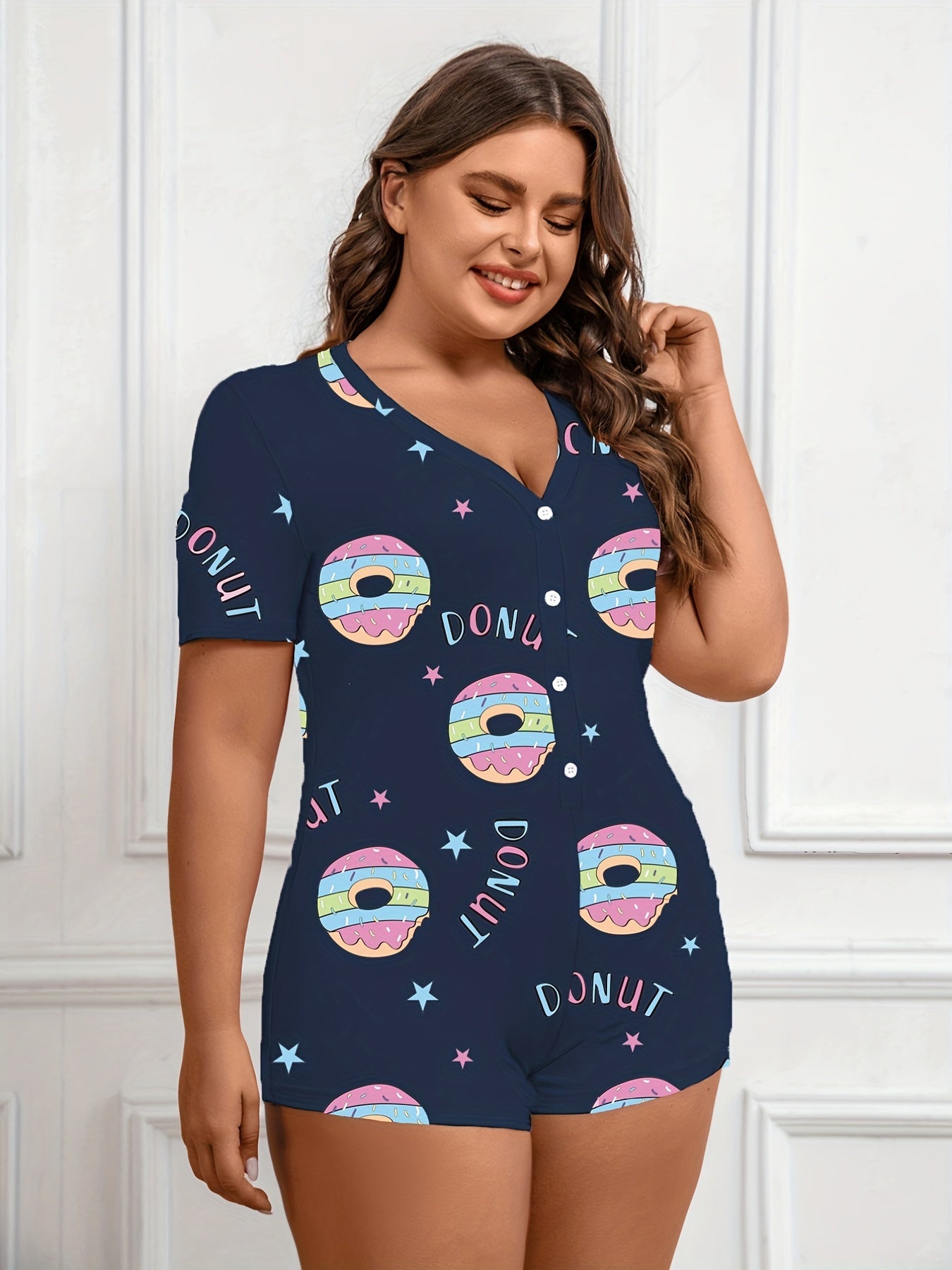 Donut & Letter Print Pajama Romper Short Sleeve V Neck Loungewear