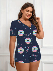 Donut & Letter Print Pajama Romper Short Sleeve V Neck Loungewear