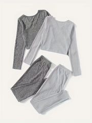 Solid Ribbed Lounge Set V Neck Top & Elastic Waistband Pants