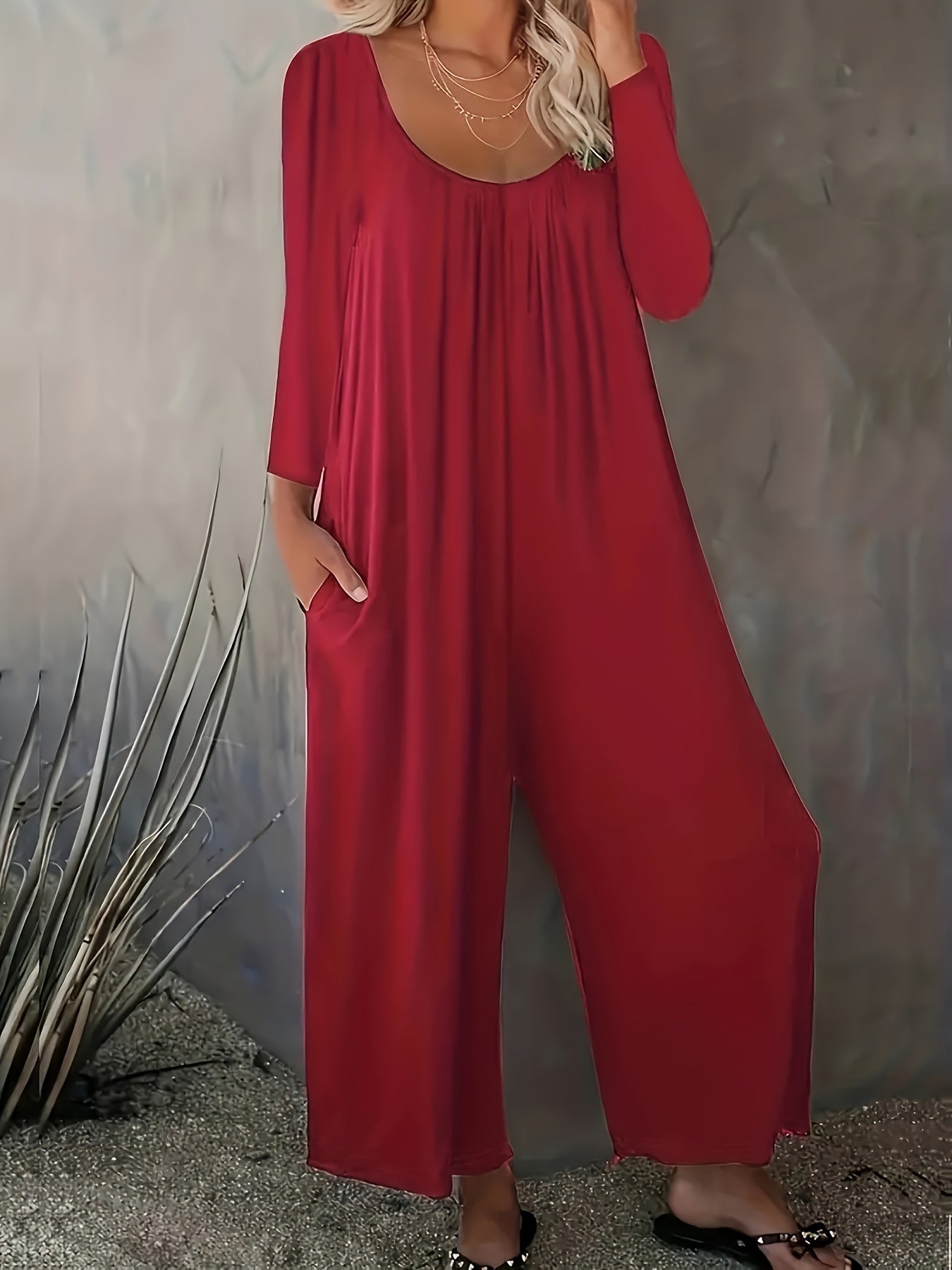 Solid Long Sleeve Wide Leg Jumpsuit With Pockets