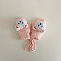 Kids Bear Gloves Neck Hanging Mittens Winter Double layer Knitted Warm