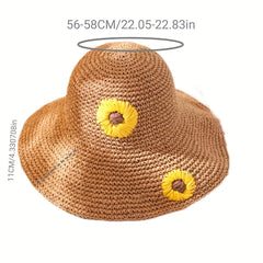 Sunflower Crochet Straw Sun Hat Wide Brim UV Protection Adjustable Basin Hat