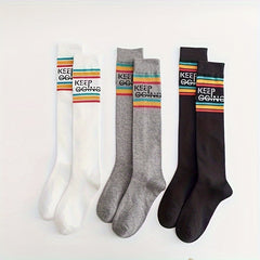 3 Pairs Letter Print Striped Socks Knee High College Style Stockings