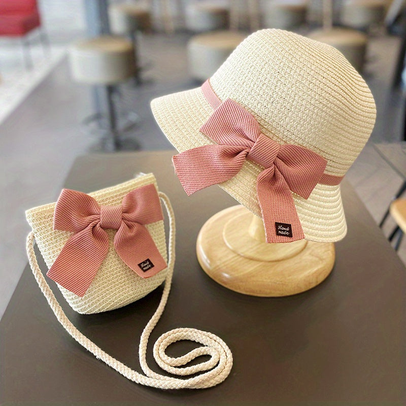 Girls Bow Decor Straw Hat & Bag Set for Outdoor Activities