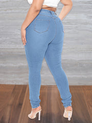 Solid Washed Button Up Skinny Jeans Women's Plus Casual