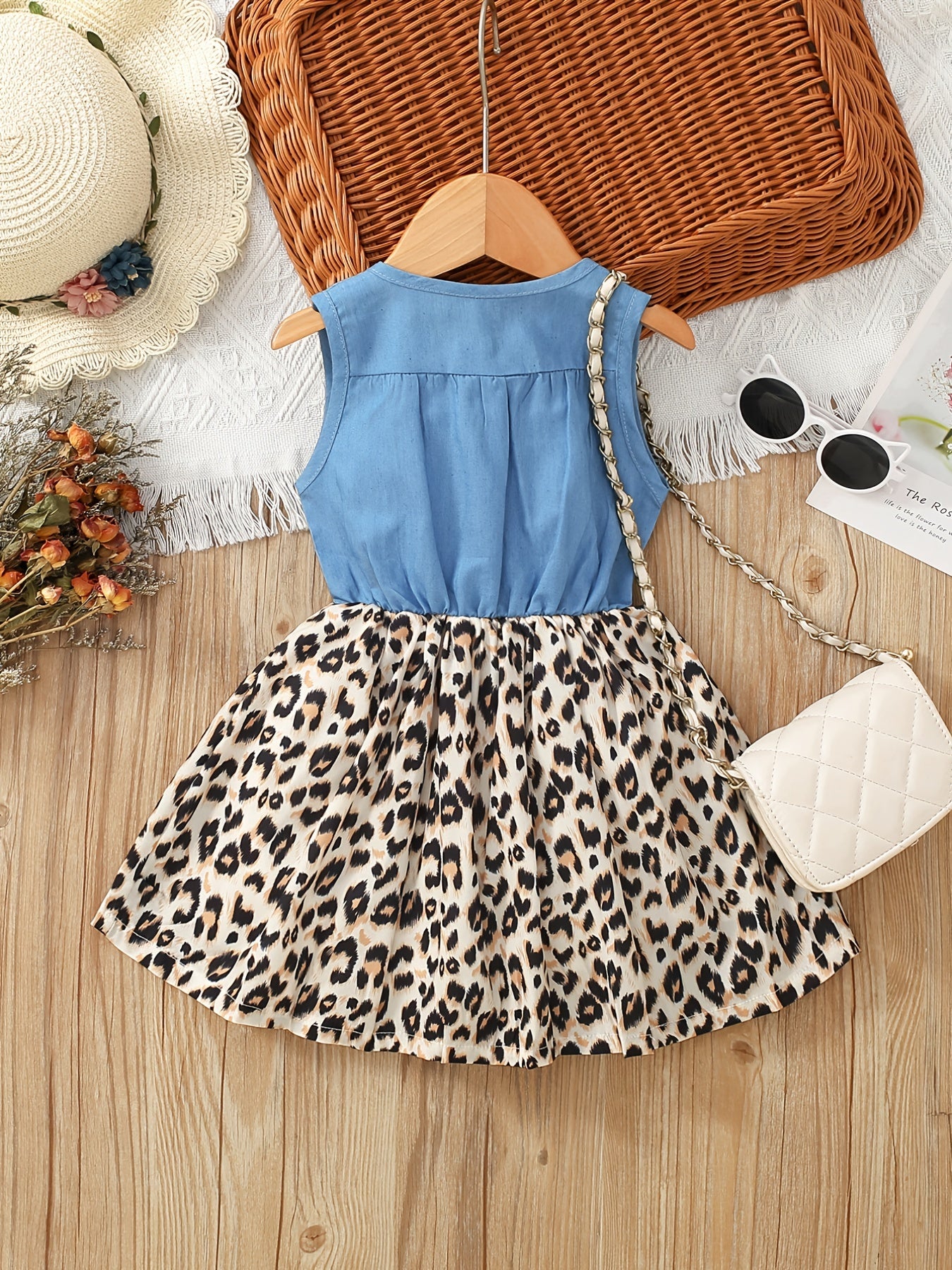 Girl's Sleeveless Denim Leopard Print Dress