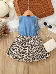 Girl's Sleeveless Denim Leopard Print Dress