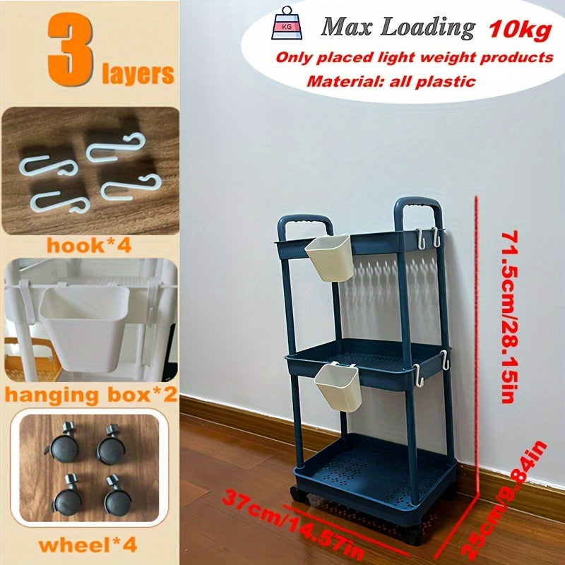 3-Layer Plastic Shelf Storage Rack with Hanging Box and Hooks