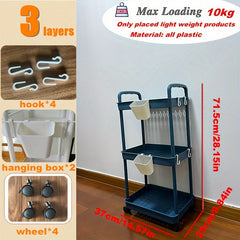 3-Layer Plastic Shelf Storage Rack with Hanging Box and Hooks