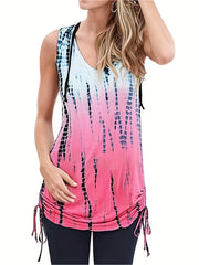 Tie Dye Hooded Side Ruched V Neck Stretch Tank Top