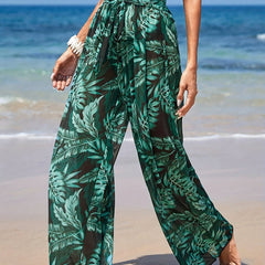 Tropical Palm Leaf Print Tie Front Beach Cover Up Pants