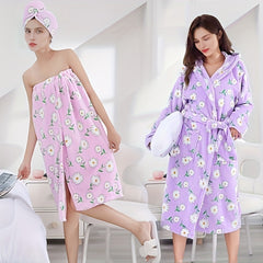 Flower Printed Long Sleeve Bathrobe with Hood for Women