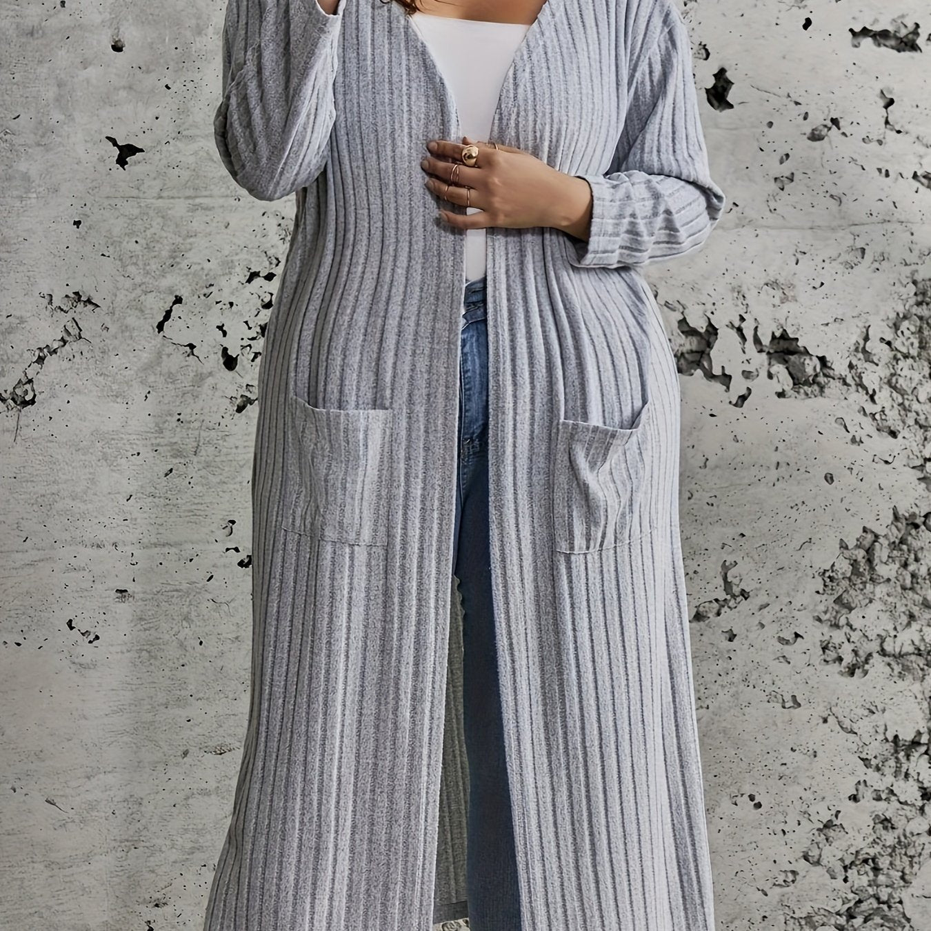 Solid Ribbed Long Sleeve Open Front Cardigan With Pockets
