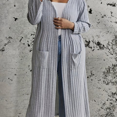 Solid Ribbed Long Sleeve Open Front Cardigan With Pockets