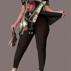 Plus Chain Print One Shoulder Top & Leggings Set