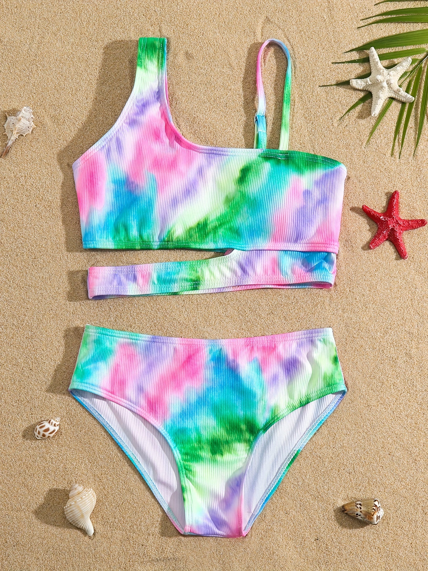Girls 2pc Swimsuit Bikini Set Ribbed Top & Bottoms Bathing Suit Swimwear