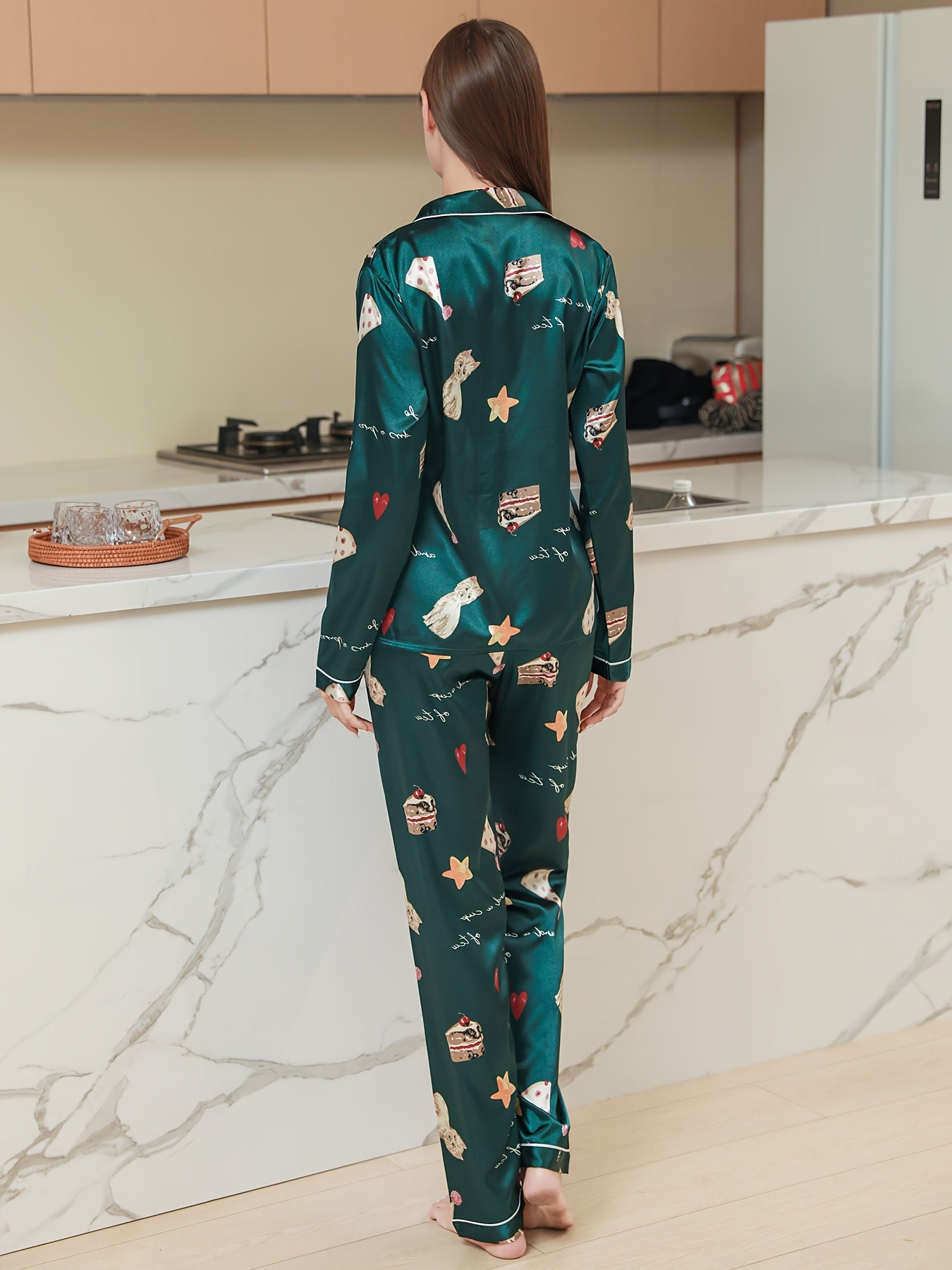 Cartoon Print Pajama Set Long Sleeve Buttons Top & Elastic Waistband Pants