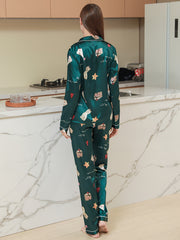 Cartoon Print Pajama Set Long Sleeve Buttons Top & Elastic Waistband Pants