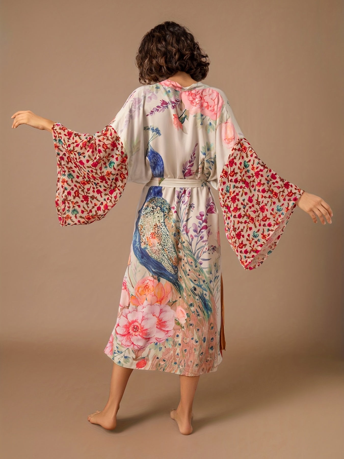 Floral Peacock Print Cover Up Kimono Long Sleeves Loose