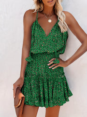 Leopard Print Ruffle Trim Cami Dress Casual V neck Spaghetti Strap Dress