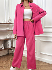 Solid Waffle 2pc Set Drop Shoulder Shirt & High Waist Pants Outfit