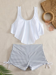 Print Ruffled Trim Tankini Set Tie Side Boxer Short 2Pc Swimsuit