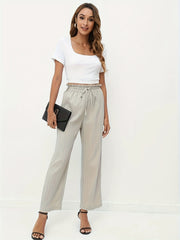 Solid Lace Up Wide Leg Pants Casual Paper Bag Waist