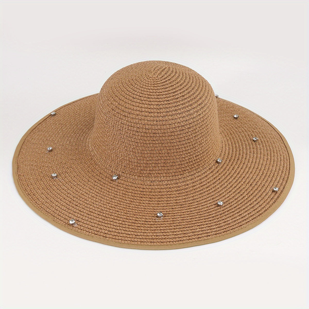 Rhinestone Decor Wide Brim Straw Bucket Hat
