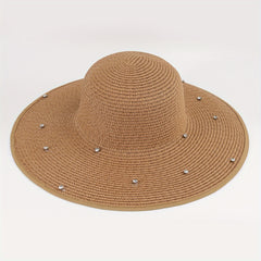 Rhinestone Decor Wide Brim Straw Bucket Hat