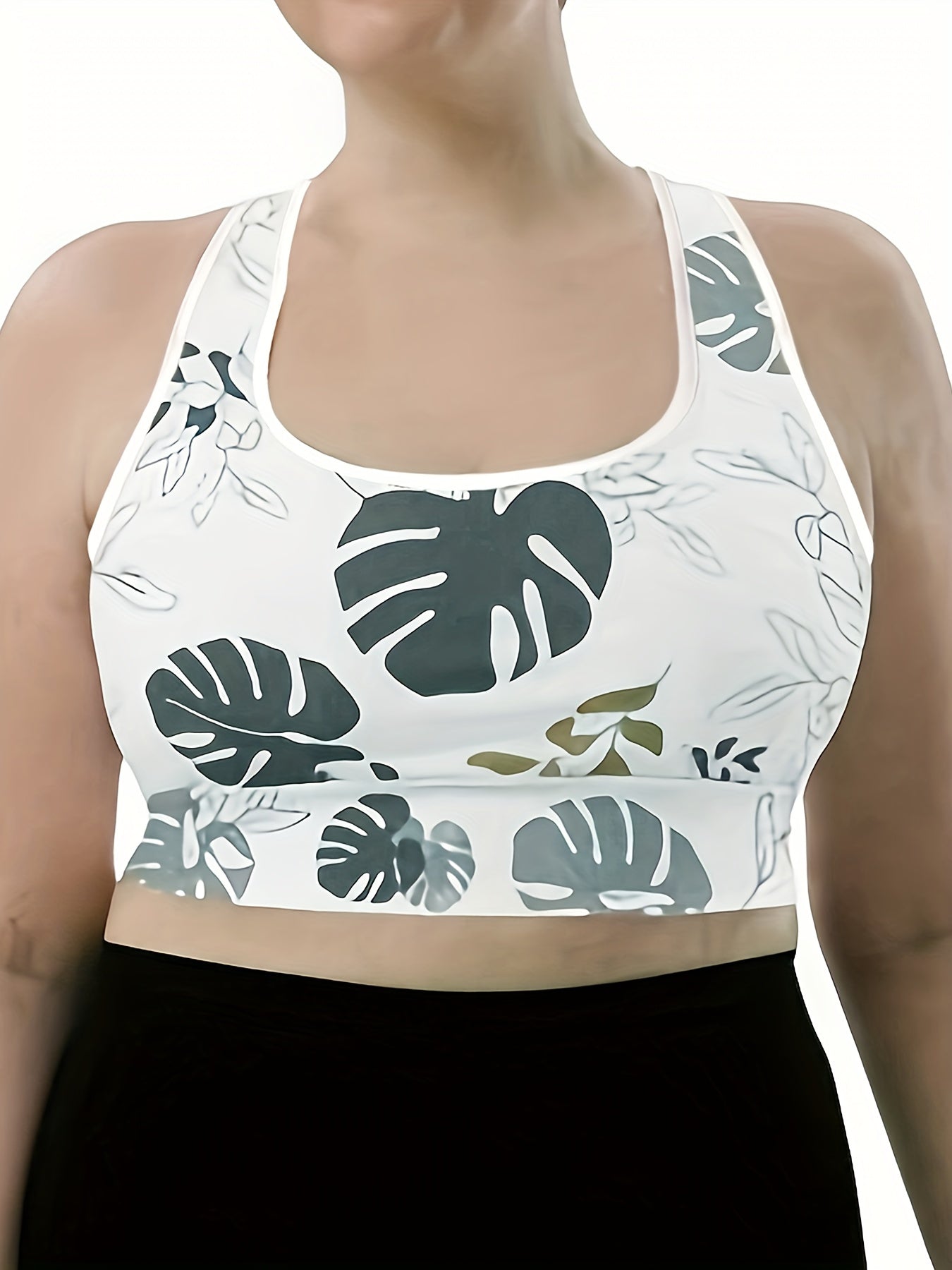Plus Size Women's Leaf Print Sports Bra Racer Back Medium Stretch