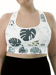Plus Size Women's Leaf Print Sports Bra Racer Back Medium Stretch