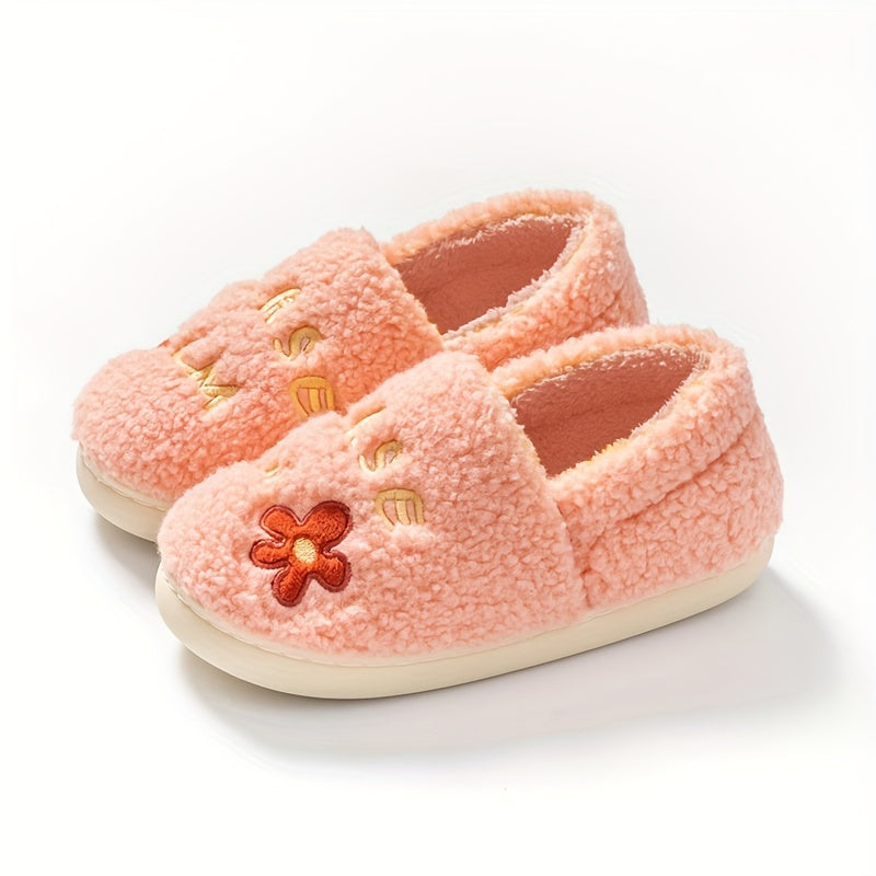 Letter Embroidered Fuzzy Slippers Plush Lined Slip On Shoes
