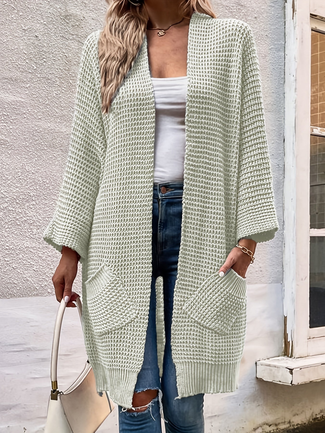 Cable Batwing Sleeve Open Front Cardigan with Pockets