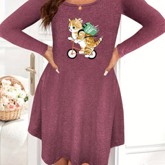 Casual Nightdress Women's Plus Cat Print Long Sleeve Sleep Dress