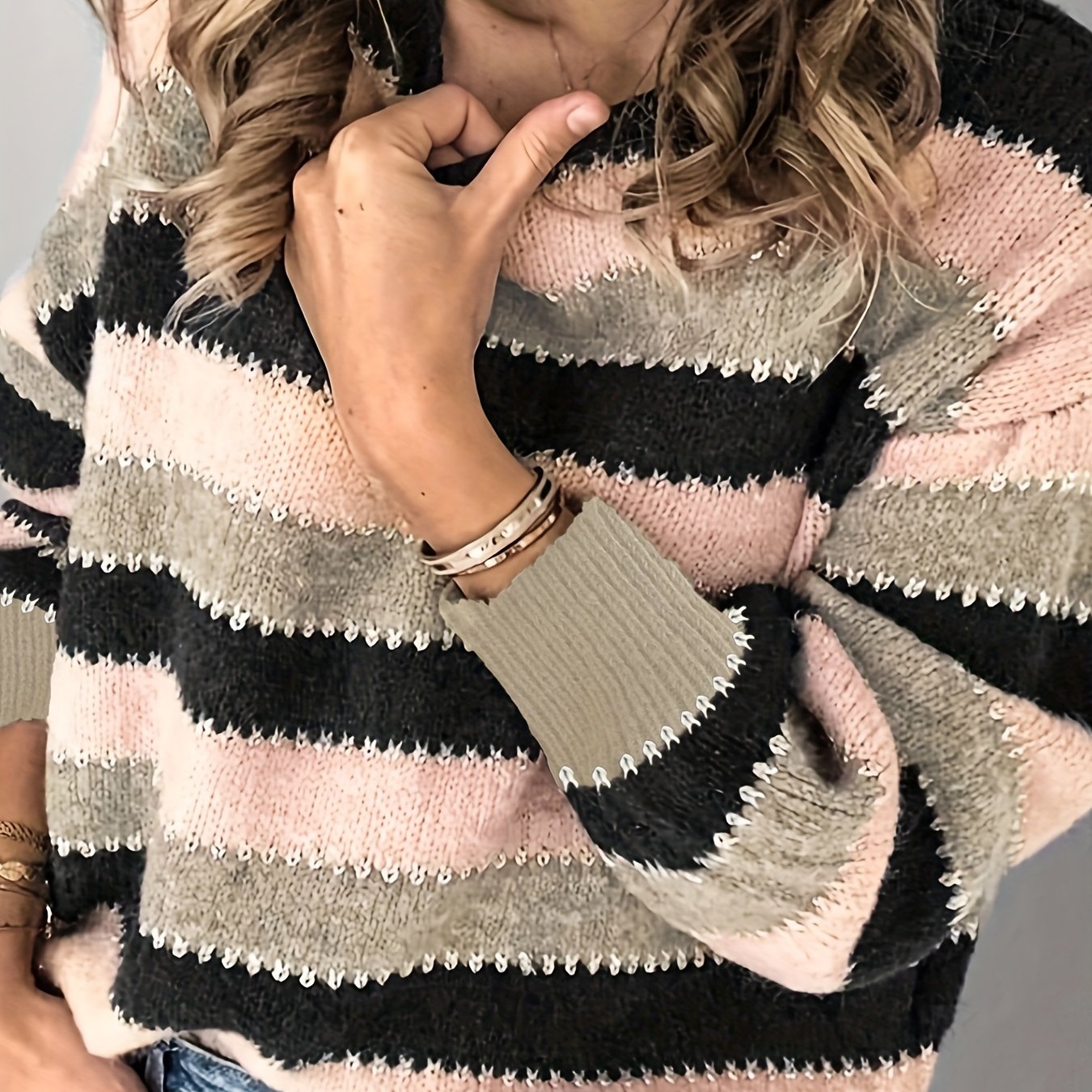 Colorblock Stripe Print Round Neck Jumper