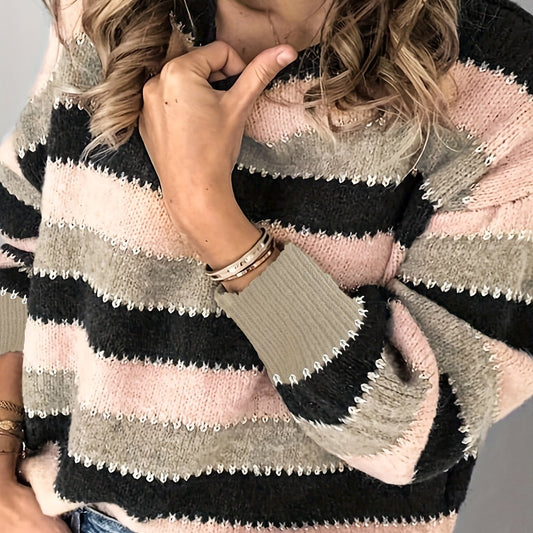 Colorblock Stripe Print Round Neck Jumper