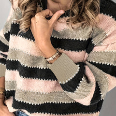 Colorblock Stripe Print Round Neck Jumper