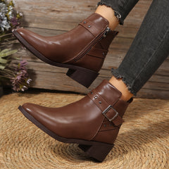 Women's Chunky Heel Ankle Boots Dark Brown Metal Buckle Short Boots