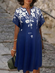 Floral Print Short Sleeve Notched Neck Dress