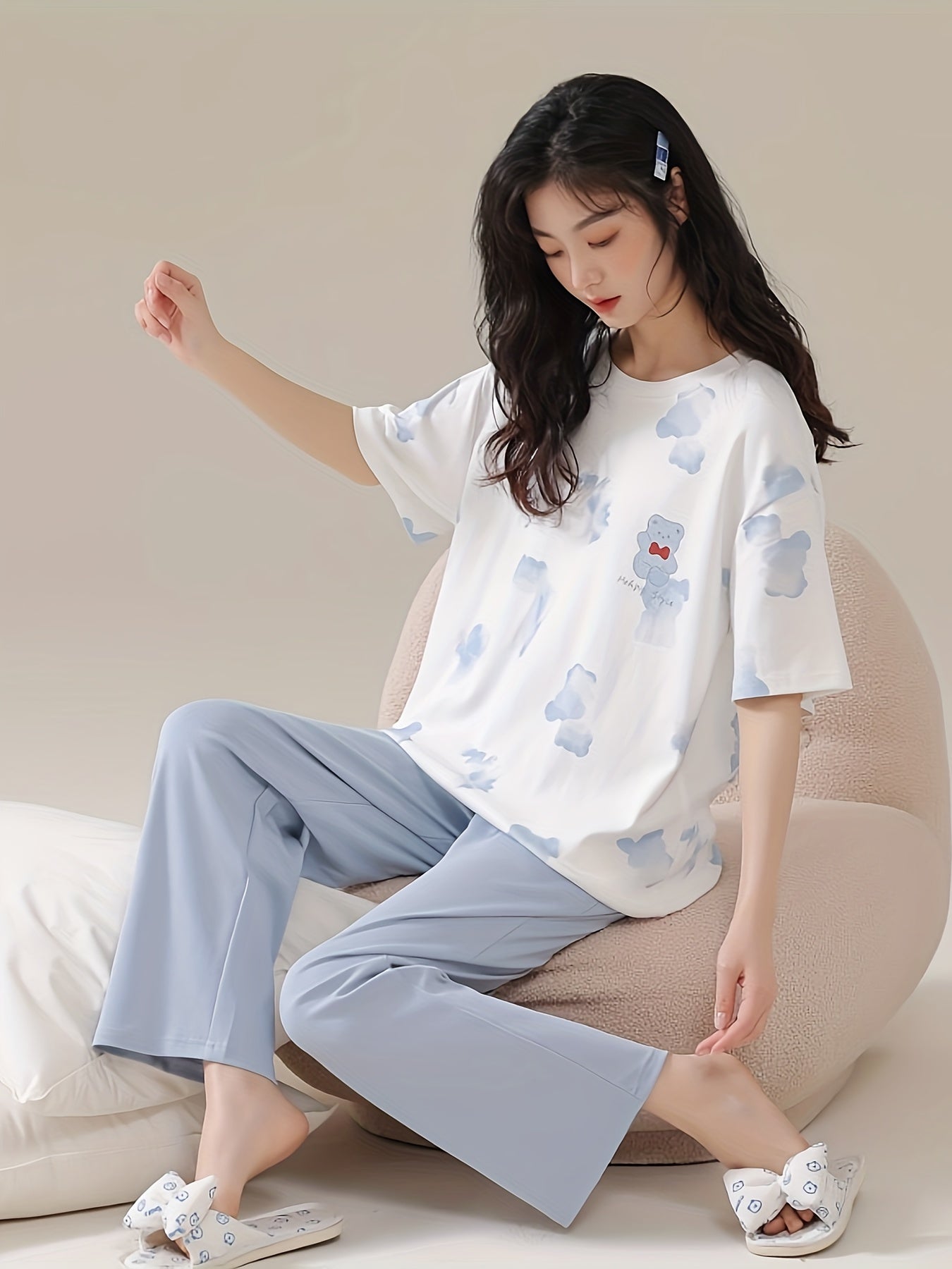 Bear Print Pajama Set Short Sleeve Top & Pants Women's Sleepwear
