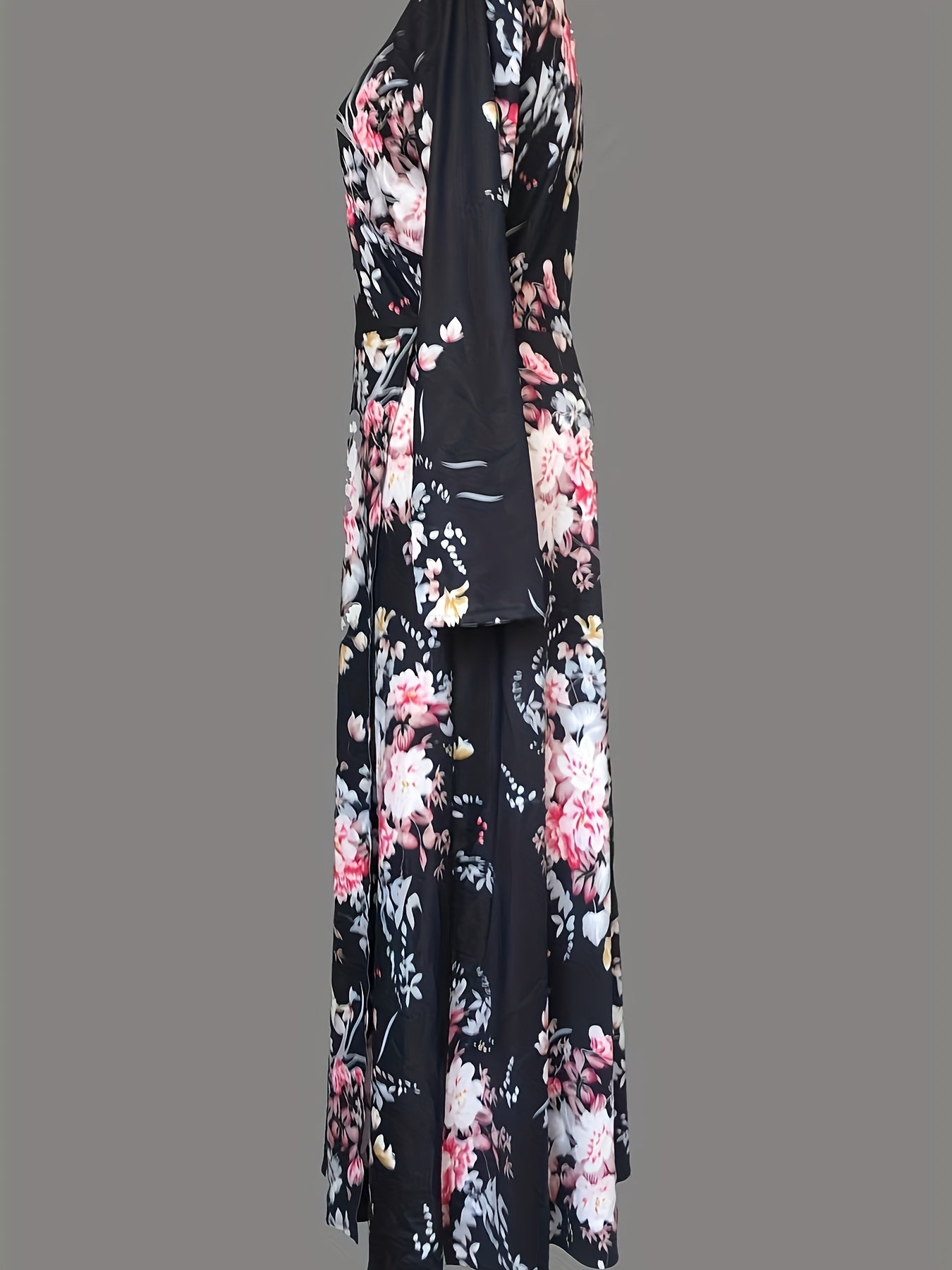 Floral Print V Neck Dress Vintage Long Sleeve Dress Women's Clothing