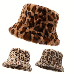 Leopard Print Plush Bucket Hat for Women