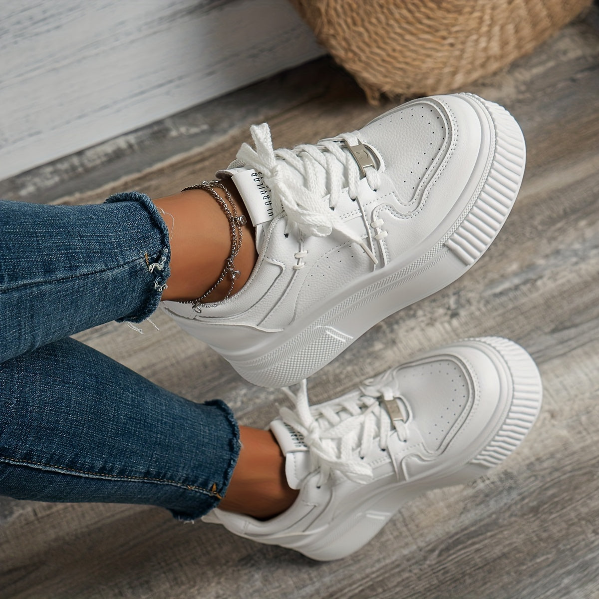Women's Platform Lace Up Sneakers, Casual Faux Leather