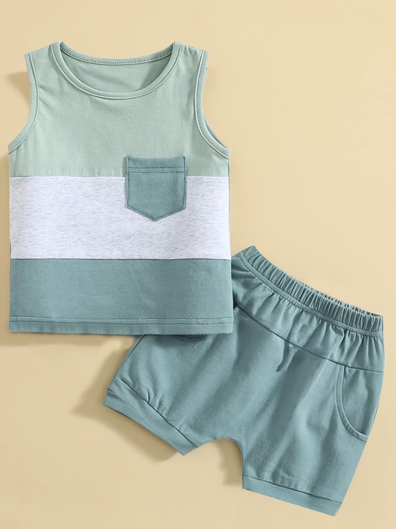 Baby Boys Block Outfit Sleeveless Round Neck Vest & Shorts Casual For Summer