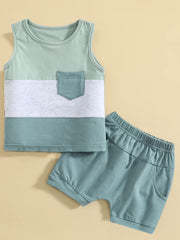 Baby Boys Block Outfit Sleeveless Round Neck Vest & Shorts Casual For Summer